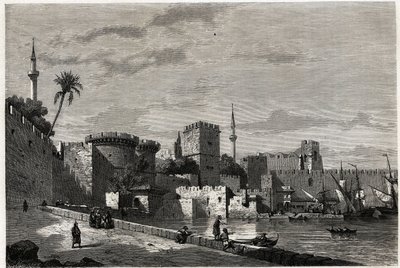 Widok portu Rodos i bramy Aubusson, rysunek Eugene