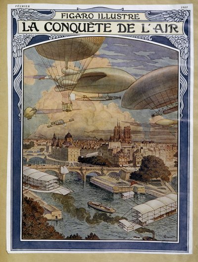 Air conquet: sterowiec, balon i balon na ogrzane powietrze nad Paryżem - okładka w „Figaro Illustré” z lutego 1909 autorstwa Eugene Grasset