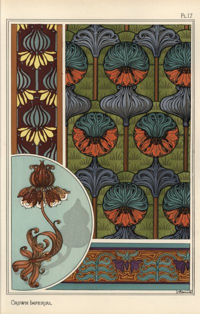 Kwiat korony cesarskiej, Fritillaria imperialis, we wzorach tapet i tkanin oraz jako wzór na lampę z kutego żelaza autorstwa Eugene Grasset