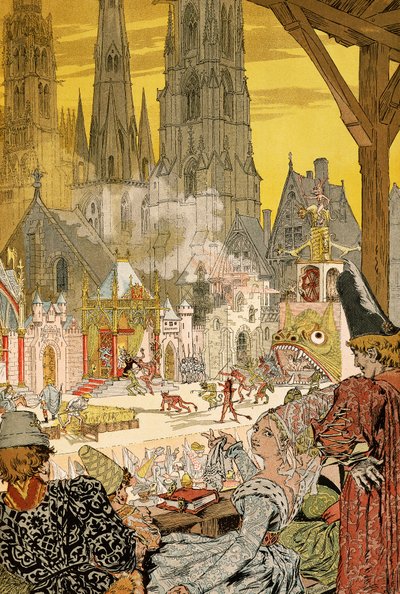 Przedstawienie tajemnicy na dziedzińcu katedry, ilustracja do Notre-Dame de Paris autorstwa Victora Hugo (1802-1885) autorstwa Eugene Grasset