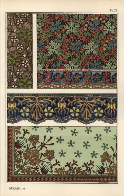 Motyw geranium we wzorach tapet, bordiur i tkanin autorstwa Eugene Grasset