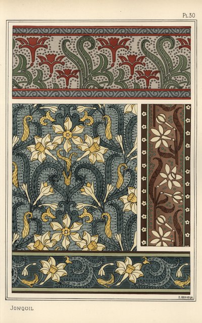 Jonquil, Narcissus jonquilla, jako motyw projektowy we wzorach tapet i tkanin autorstwa Eugene Grasset