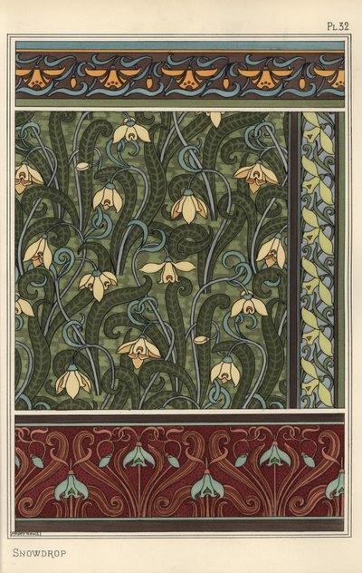 Przebiśnieg, Galanthus nivalis jako motyw w tapecie, bordiurach i tkaninach autorstwa Eugene Grasset
