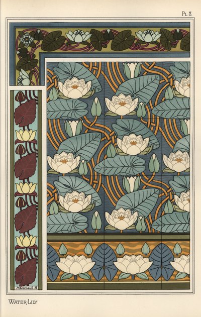 Lilia wodna, Nelumbo lutea, w tapetach i wzorach płytek autorstwa Eugene Grasset
