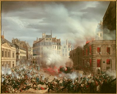 Rewolucja 1848 r.: „”Pożar placu wieży ciśnień pałacu królewskiego 24 lutego 1848 r.” Obraz Eugene