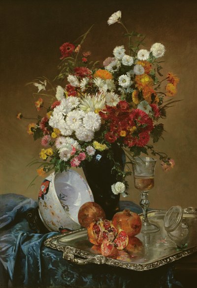 Martwa natura z kwiatami i granatami autorstwa Eugene Henri Cauchois