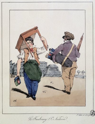 Le faubourg St Antoine: mechanik mebli i chodzący sprzedawca parasoli - w „”Souvenirs d’un loâneur”” autorstwa Eugène Forest, wyd. Delpech, Paryż, ok.1830 autorstwa Eugene Hippolyte Forest