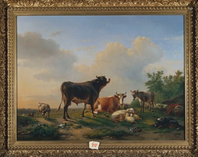 Byk, krowa, osioł, koza, owca i drób w rozległym krajobrazie, 1849 autorstwa Eugene Joseph Verboeckhoven