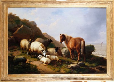 Kucyk i owca na klifie, za nim żaglowiec, 1868 autorstwa Eugene Joseph Verboeckhoven