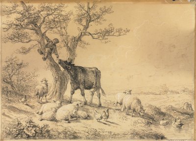 Krajobraz ze zwierzętami i chłopcem na drzewie, 1866. autorstwa Eugene Joseph Verboeckhoven