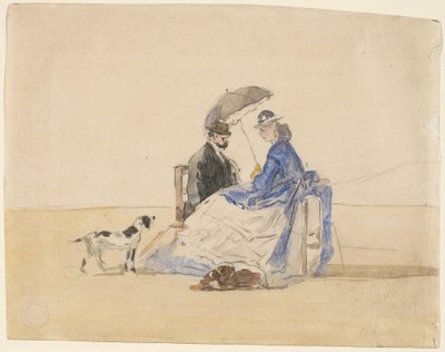 Para siedząca na plaży z dwoma psami, ok. godz. 1865. autorstwa Eugene Louis Boudin
