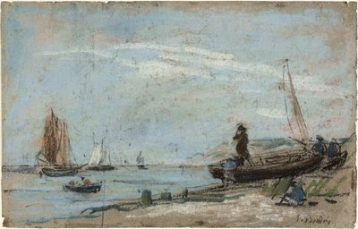Plaża z łodziami rybackimi i węglem drzewnym autorstwa Eugene Louis Boudin