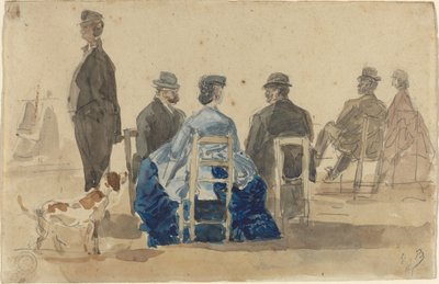 Panie i panowie siedzą na plaży z psem, 1866. autorstwa Eugene Louis Boudin