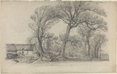Krajobraz z drzewami, chatą i wozem rolniczym, ok. 1930 r. 1858. autorstwa Eugene Louis Boudin