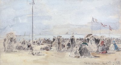 People on the Beach, Trouville, 1866 (toaleta i grafit na papierze) autorstwa Eugene Louis Boudin