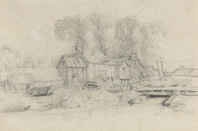 Krajobraz rzeczny z budynkami, łodziami i figurami, 1858. autorstwa Eugene Louis Boudin