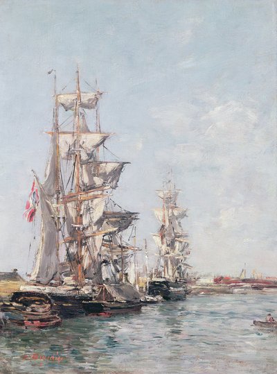 Łodzie trójmasztowe przy nabrzeżu w porcie Deauville, ok. 1888-89 r. autorstwa Eugene Louis Boudin
