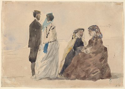 Dwie siedzące panie i para spacerująca po plaży 1866. autorstwa Eugene Louis Boudin