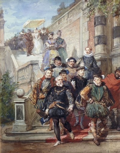 Procesja królewska schodząca po schodach w ogrodzie, 1869 autorstwa Eugene Louis Lami
