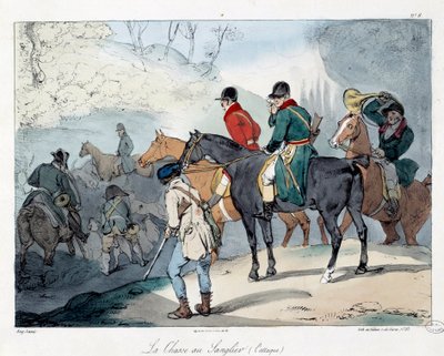 Polowanie na dzika. Ilustracja do książki „La vie de chateau””. Grawerowanie Eugene Louis Lami (1800-1890) autorstwa Eugene Louis Lami