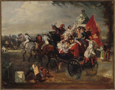 Przewóz mężczyzn i kobiet w kostiumach na Polach Elizejskich, 1834 autorstwa Eugene Louis Lami