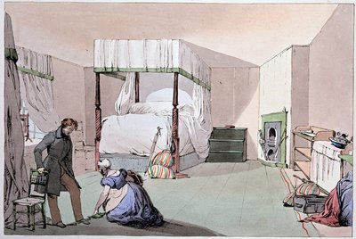 Hostel: służący pomagający klientowi założyć buty. Ilustracja Eugene Louis Lami (1800-1890), połowa XIX wieku autorstwa Eugene Louis Lami