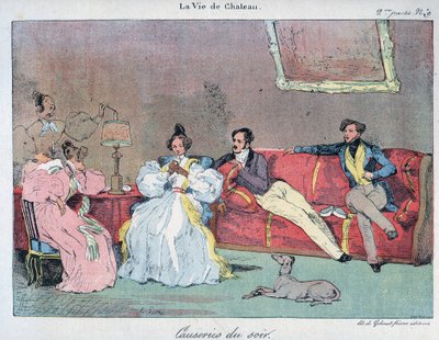 La Vie de chateau - Rozmowy wieczorne - Ilustracja Eugene Lami (1800-1890) W „” LE-RIRE”” z 1885 r. autorstwa Eugene Louis Lami