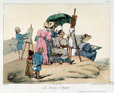 Miłośnicy krajobrazu. Przedstawieni malarze przegrupowują się do malowania pejzażu morskiego. Ilustracja do książki la vie de chateau autorstwa Eugene Louis Lami