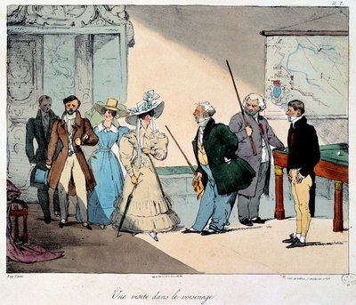 Życie na zamku: wizyta w okolicy. Litografia rysunku Eugene Louisa Lami (1800-1890) 1828 Paryż, Musee Carnavalet autorstwa Eugene Louis Lami