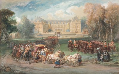 Ludwik XIV jadący swoim powozem w parku wersalskim, 1870. autorstwa Eugene Louis Lami