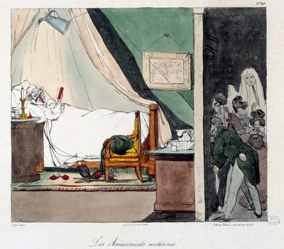Nocna zabawa. Dzieci boją się przestraszyć osobę czytającą w łóżku. Ilustracja do książki „La vie de chateau””. Grawerowanie Eugene Louis Lami (1800-1890) autorstwa Eugene Louis Lami