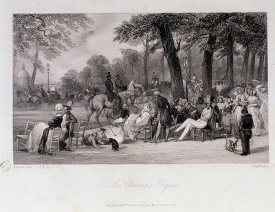 Pasażerowie i spacerowicze na Polach Elizejskich (Champs-Elysees) w Paryżu. Grawer Eugene Louis Lami (1800-1890) 1841 Kolekcja prywatna autorstwa Eugene Louis Lami