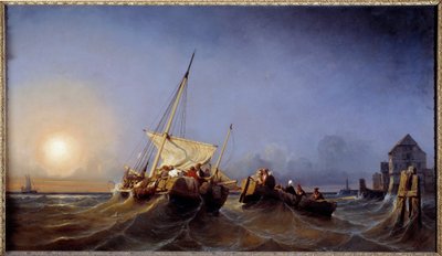 Powrót rybaków do zachodzącego słońca Obraz Eugene Lepoittevin (1806-1870) 1835 Brest, Musee des Beaux Arts autorstwa Eugene Modeste Edmond Lepoittevin
