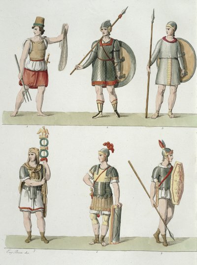 Żołnierze rzymscy, fragment z tablicy 2, klasa 5 części I Historii Narodów, rytowany przez akwatintę Buttazona patrz także 93289 autorstwa Eugenio Bosa