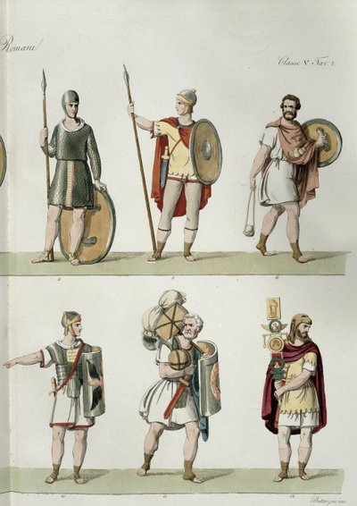 Żołnierze rzymscy, fragment z tablicy 2, klasa 5 Części I Historii Narodów, rytowany przez Buttazona (akwatinta) (patrz także 93288) autorstwa Eugenio Bosa