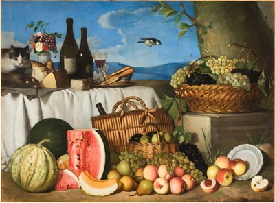 Martwa natura z kotem i ptakiem (olej na płótnie) autorstwa Eugenio De Giacomi