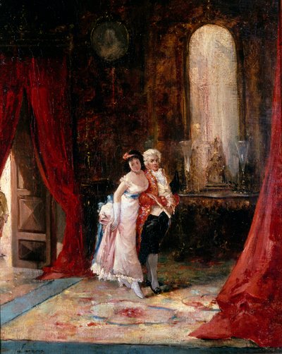 Pewność siebie. Elegancka młoda kobieta na ramieniu lokaja podąża naprzód ze spojrzeniem będącym mieszanką ciekawości i troski. Obraz autorstwa Eugenio Lucasa Villamila (1858-1918). Olej na płótnie. Kolekcja prywatna. autorstwa Eugenio Lucas Villamil