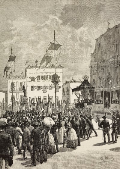 Inauguração do monumento a Victor Emmanuel II (1820-1878), primeiro rei da Itália, na presença de Umberto I (1844-1900), rei da Itália, estátua de Eugenio Maccagnani (1852-1930), Lecce, Itália autorstwa Eugenio Maccagnani