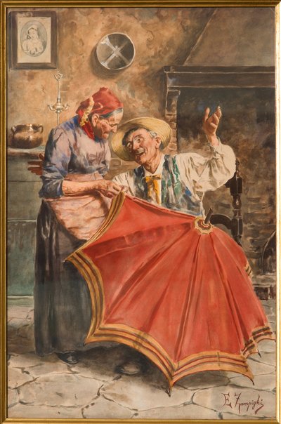 Wnętrze z dwiema osobami (akwarela) autorstwa Eugenio Zampighi