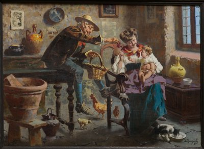 Scena z mężczyzną, kobietą i dziewczynką (olej na płótnie) autorstwa Eugenio Zampighi