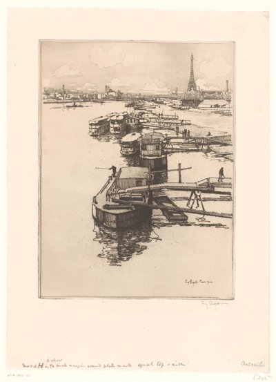 Nabrzeże z omnibusami w Paryżu z wieżą Eiffla w tle autorstwa Eugène Bejot (signed by artist)