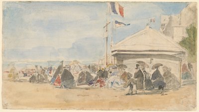 Dom na plaży z flagami w Trouville autorstwa Eugène Boudin
