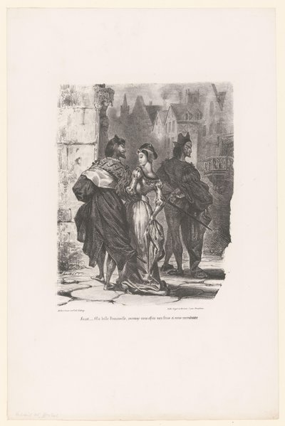Faust probeert Grietje te verleiden Faust: Moja piękna młoda damo, czy odważyłbym się podać ci ramię i odwieźć do domu? (tytuł na obiekcie) Faust (tytuł serii) Faust, tragedia p. de Goethego (tytuł serialu) autorstwa Eugène Delacroix