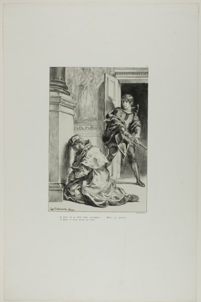 Hamlet próbuje zabić króla, plansza 8 z Hamleta autorstwa Eugène Delacroix