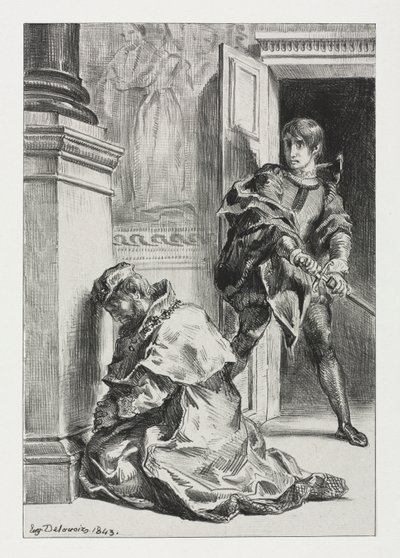 Hamlet: Hamlet próbuje zabić króla autorstwa Eugène Delacroix