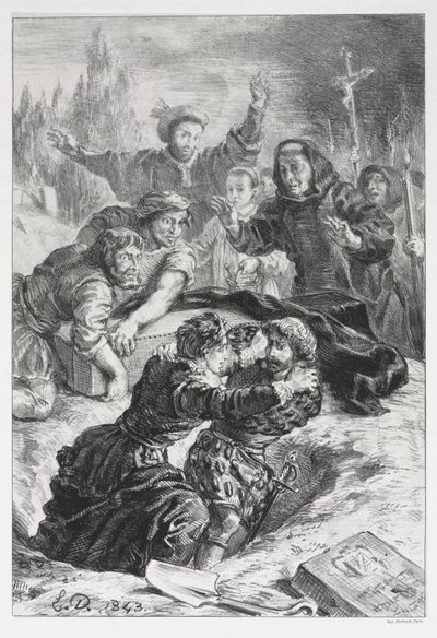 Hamlet: Hamlet i Laertes w grobie Ofelii autorstwa Eugène Delacroix