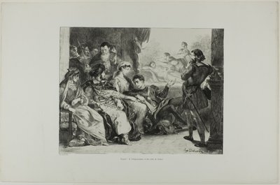 Hamlet sprawia, że gracze odgrywają zatrucie jego ojca, plansza 7 z Hamleta autorstwa Eugène Delacroix