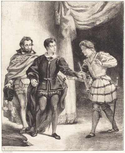 Hamlet i Guildenstern (Akt III, Scena II) autorstwa Eugène Delacroix