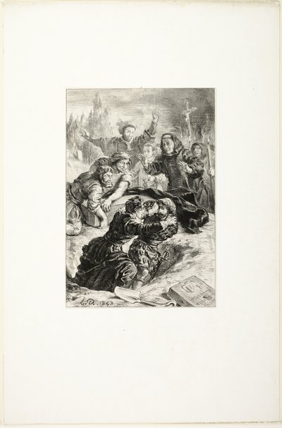 Hamlet i Laertes w grobie Ofelii autorstwa Eugène Delacroix