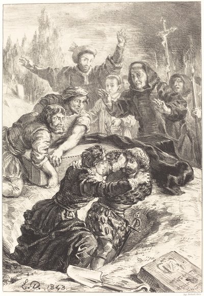 Hamlet i Laertes w grobie Ofelii (akt V, scena I) autorstwa Eugène Delacroix